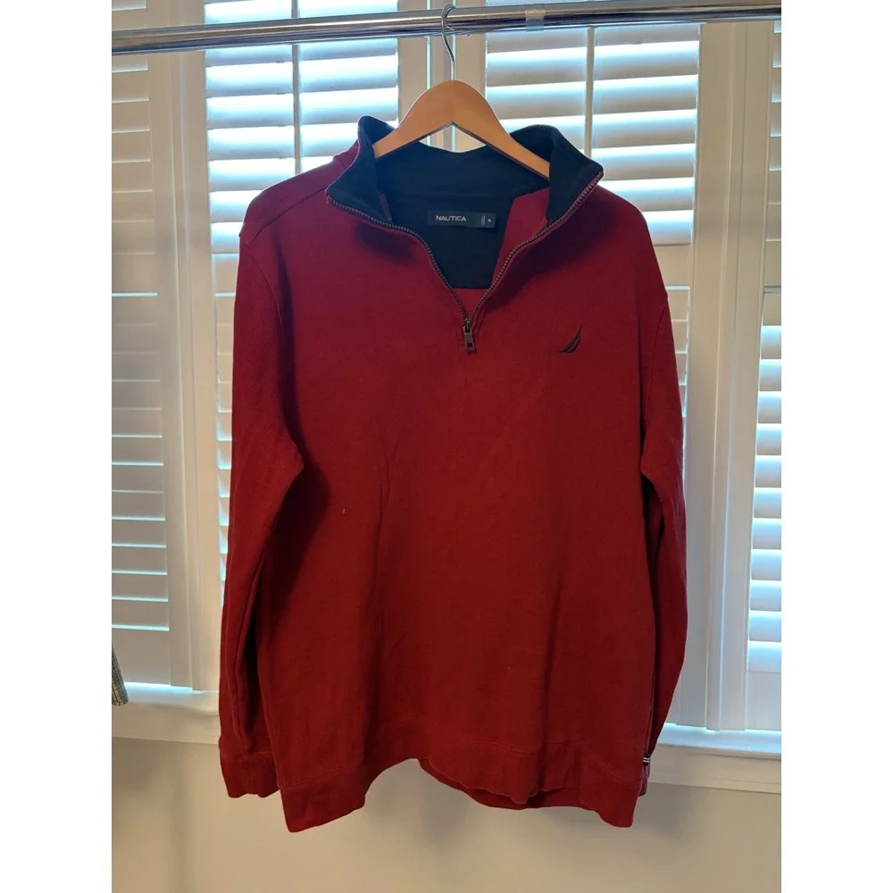 Nautica Mens Quarter Zip Pullover Sweater Burgundy Red Mock Neck Logo Size XL